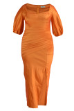 Orange Red Fashion Formal Solid Slit Square Collar Evening Dress
