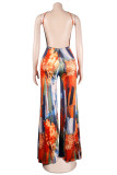 Multicolor Fashion Sexy Print Backless Spaghetti Strap Regular Jumpsuits