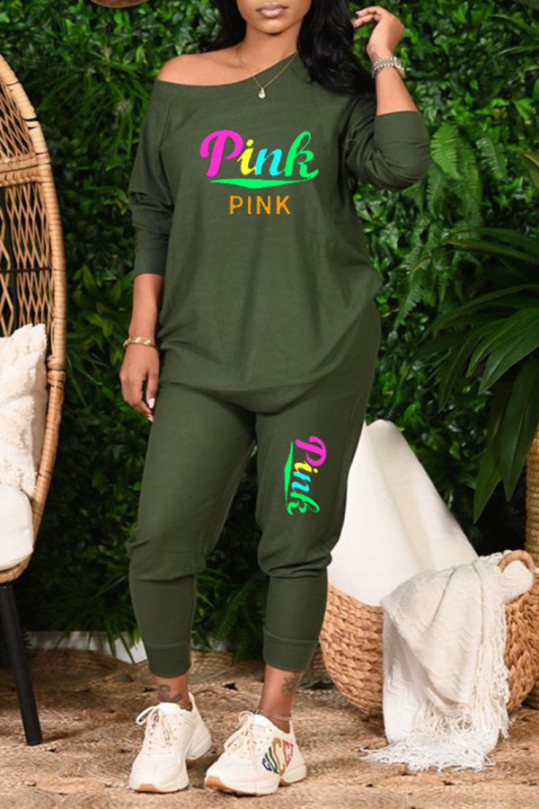 Army Green Casual Print Patchwork O Neck Long Sleeve Two Pieces