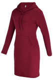 Red Fashion Casual Solid Patchwork Hooded Collar Long Sleeve Dresses