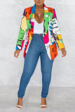 Blue Fashion Casual Print Patchwork Cardigan Turn-back Collar Outerwear