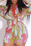 Pink Casual Print Patchwork Buckle Turndown Collar Long Sleeve Two Pieces