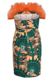 Orange Red Sexy Formal Print Patchwork Backless Strapless Sleeveless Dress Dresses