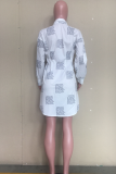 White Casual Print Patchwork Turndown Collar Shirt Dress Dresses