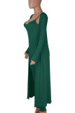 Green Casual Solid Patchwork Spaghetti Strap Long Sleeve Two Pieces