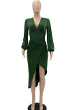 Green Sexy Solid Patchwork Fold Asymmetrical V Neck Long Sleeve Dresses