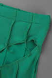 Green Sexy Solid Hollowed Out Patchwork Asymmetrical Halter Sleeveless Two Pieces
