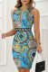 Light Blue Sexy Casual Print Hollowed Out Backless Slit O Neck Sleeveless Dress