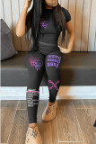 Black Casual Print Patchwork O Neck Short Sleeve Two Pieces