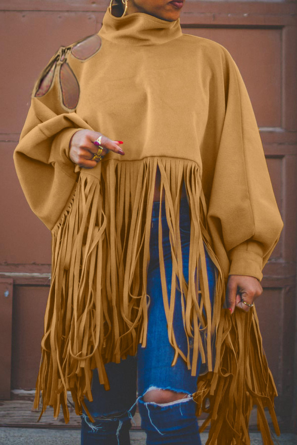 Khaki Casual Vintage Solid Tassel Turtleneck Tops