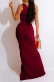 Burgundy Sexy Solid Hollowed Out Slit Oblique Collar Sleeveless Dress Dresses