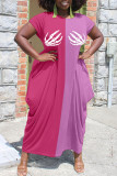Rose Red Street Print Patchwork O Neck Dresses