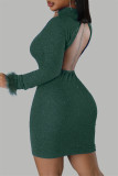 Red Sexy Solid Patchwork Feathers Backless Turtleneck Long Sleeve Dresses
