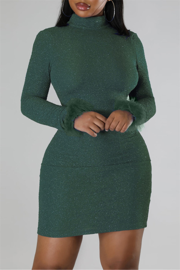 Green Sexy Solid Patchwork Feathers Backless Turtleneck Long Sleeve Dresses