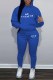 Blue Casual Print Letter Hooded Collar Long Sleeve Two Pieces