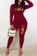 Burgundy Casual Letter Print Patchwork O Neck Short Sleeve Two Pieces