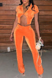 Orange Sexy Casual Solid Patchwork V Neck Short Sleeve Two Pieces
