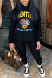 Black Casual Print Patchwork Hooded Collar Tops