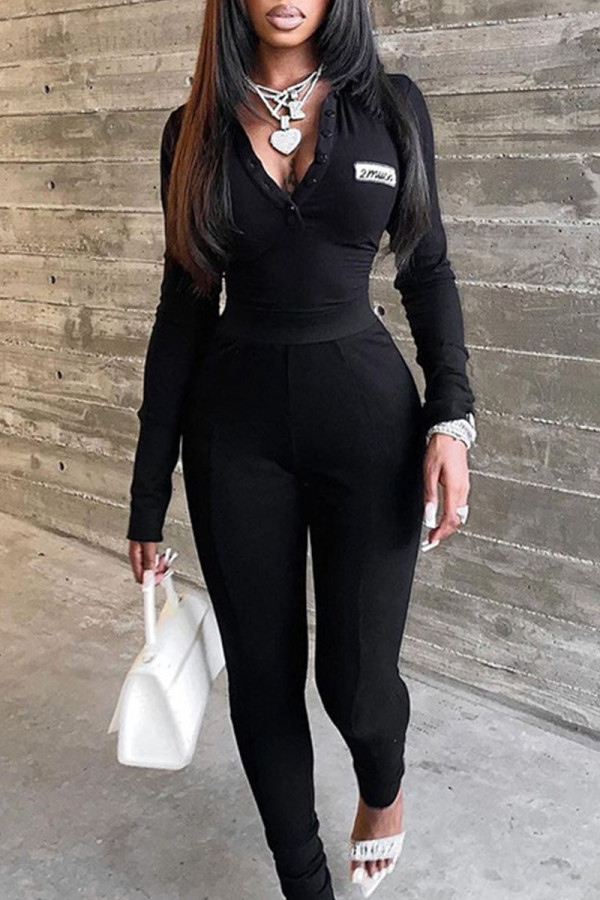 Black Casual Print Patchwork Turndown Collar Long Sleeve Two Pieces