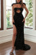 Black Sexy Formal Patchwork Hollowed Out Sequins Backless Slit Turn-back Collar Evening Dress Dresses