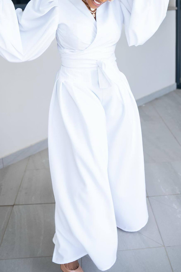 White Casual Solid Patchwork V Neck Long Sleeve Two Pieces