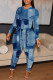 Blue Casual Print Patchwork O Neck Long Sleeve Two Pieces