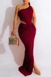 Burgundy Sexy Solid Hollowed Out Slit Oblique Collar Sleeveless Dress Dresses