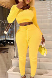 Yellow Casual Solid Patchwork O Neck Long Sleeve Two Pieces