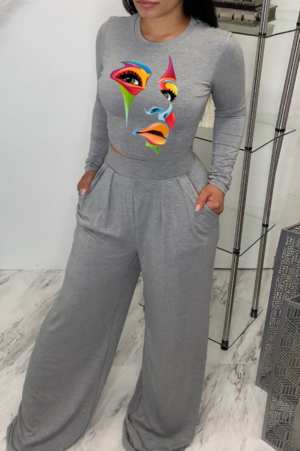 Grey Casual Print Patchwork O Neck Long Sleeve Two Pieces