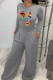 Grey Casual Print Patchwork O Neck Long Sleeve Two Pieces