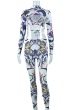 Black Sexy Print Patchwork Half A Turtleneck Long Sleeve Two Pieces