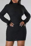 Red Sexy Solid Patchwork Feathers Backless Turtleneck Long Sleeve Dresses