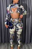 Black Sexy Print Patchwork Half A Turtleneck Long Sleeve Two Pieces