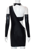Black Sexy Solid Patchwork Halter Long Sleeve Two Pieces