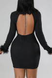 Red Sexy Solid Patchwork Feathers Backless Turtleneck Long Sleeve Dresses