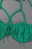 Green Sexy Solid Hollowed Out Patchwork Asymmetrical Halter Sleeveless Two Pieces