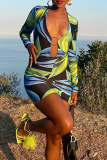Green Sexy Print Patchwork V Neck Pencil Skirt Dresses