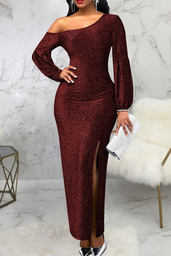 Burgundy Sexy Solid Patchwork Slit Oblique Collar Dresses