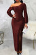 Burgundy Sexy Solid Patchwork Slit Oblique Collar Dresses