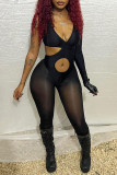 Black Sexy Solid Hollowed Out Patchwork Asymmetrical V Neck Skinny Jumpsuits
