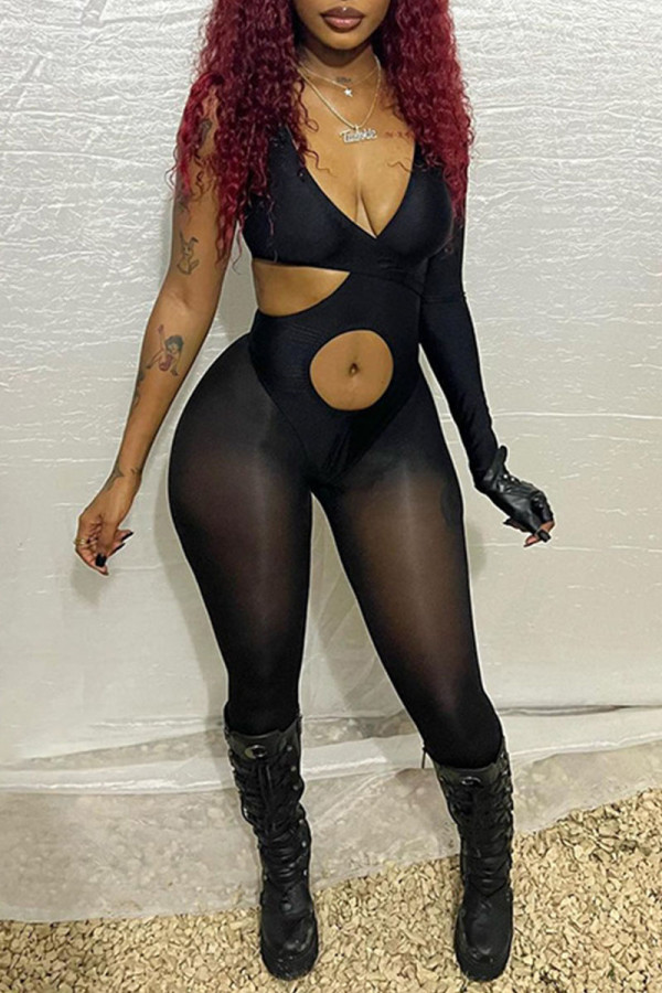 Black Sexy Solid Hollowed Out Patchwork Asymmetrical V Neck Skinny Jumpsuits