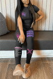 Black Casual Print Patchwork O Neck Short Sleeve Two Pieces