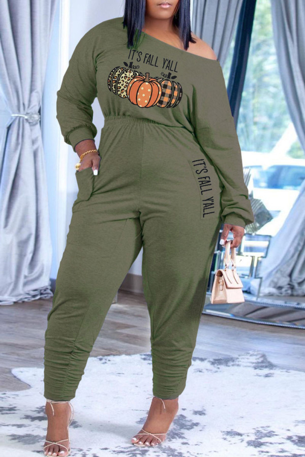 Green Casual Print Patchwork O Neck Straight Jumpsuits