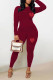 Burgundy Casual Print Patchwork O Neck Long Sleeve Two Pieces