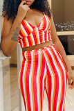 Red Sexy Striped Patchwork Spaghetti Strap Sleeveless Two Pieces
