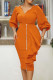 Tangerine Casual Work Solid Patchwork Buckle Flounce V Neck Long Sleeve Two Pieces