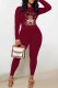Burgundy Casual Character Print Letter O Neck Long Sleeve Two Pieces