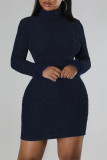 Red Sexy Solid Patchwork Feathers Backless Turtleneck Long Sleeve Dresses