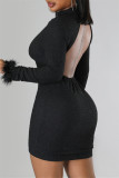 Red Sexy Solid Patchwork Feathers Backless Turtleneck Long Sleeve Dresses