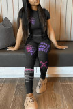 Black Casual Print Patchwork O Neck Short Sleeve Two Pieces